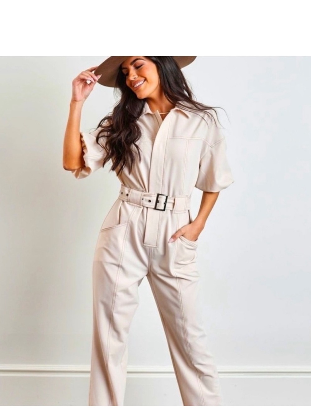 Kittenish Blush Utility Belted Jumpsuit with Short Puff Sleeves